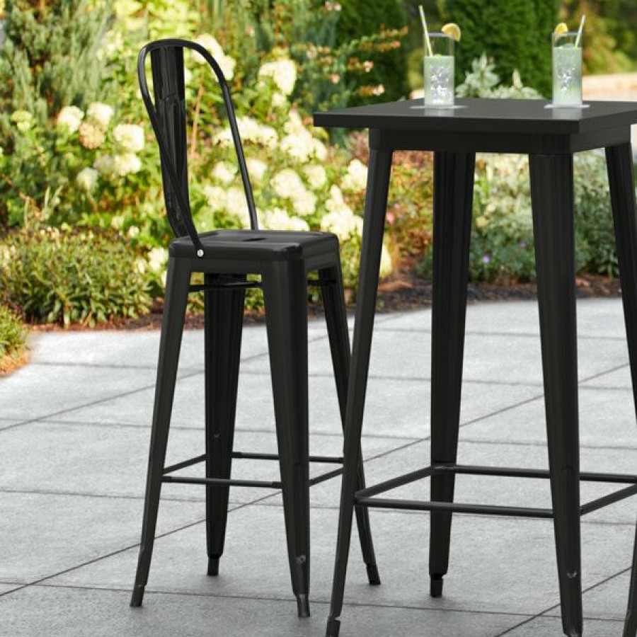 Outdoor Restaurant Bar Stools * | New Lt&S Alloy Series Lancaster Table & Seating Alloy Series Black Metal Indoor / Outdoor Industrial Cafe Barstool With Vertical Slat Back And Drain Hole Seat