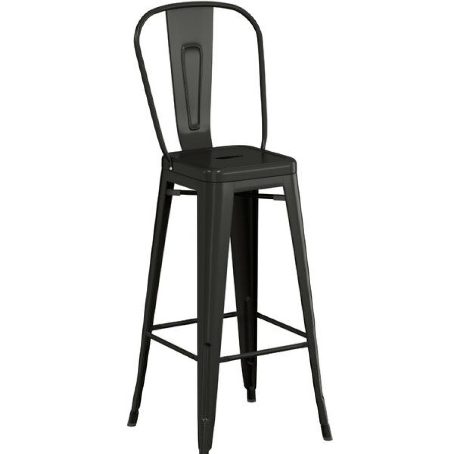 Outdoor Restaurant Bar Stools * | New Lt&S Alloy Series Lancaster Table & Seating Alloy Series Black Metal Indoor / Outdoor Industrial Cafe Barstool With Vertical Slat Back And Drain Hole Seat