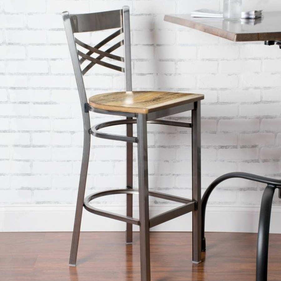 Restaurant Bar Stools * | Coupon Lancaster Table & Seating Clear Coat Steel Cross Back Bar Height Chair With Driftwood Seat