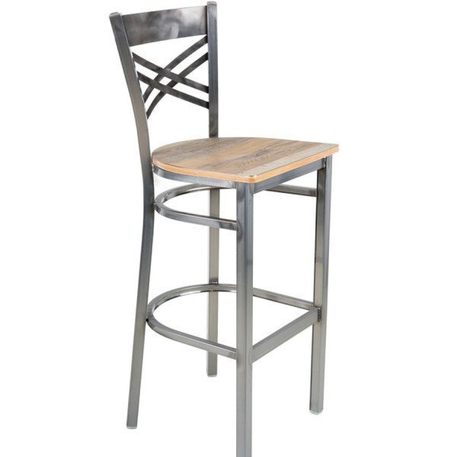 Restaurant Bar Stools * | Coupon Lancaster Table & Seating Clear Coat Steel Cross Back Bar Height Chair With Driftwood Seat