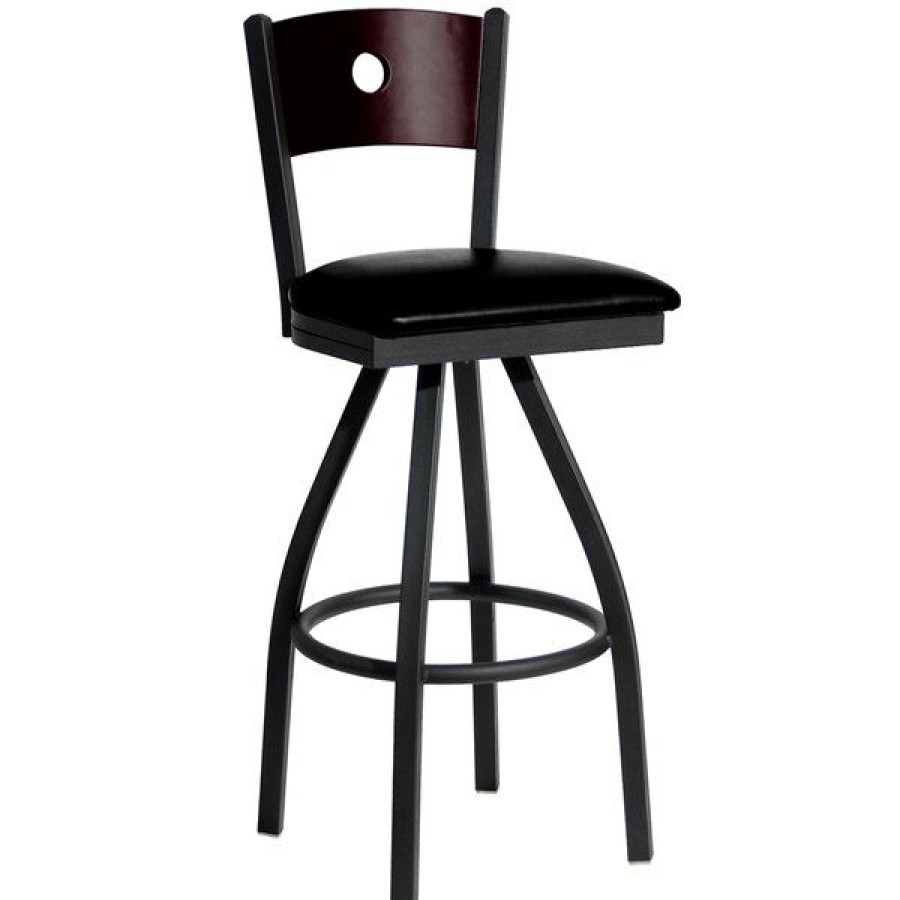 Restaurant Bar Stools * | Best Deal Bfm Seating 2152Sblv-Mhsb Darby Sand Black Metal Bar Height Chair With Mahogany Wooden Back And 2 Black Vinyl Swivel Seat