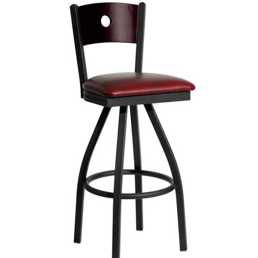 Restaurant Bar Stools * | Coupon Bfm Seating 2152Sbuv-Mhsb Darby Sand Black Metal Bar Height Chair With Mahogany Wooden Back And 2 Burgundy Vinyl Swivel Seat