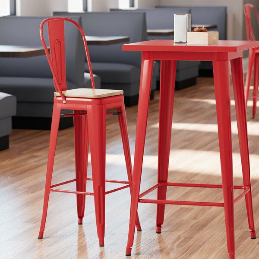 Restaurant Bar Stools * | Cheap Lt&S Alloy Series Lancaster Table & Seating Alloy Series Red Metal Indoor Industrial Cafe Bar Height Stool With Vertical Slat Back And Natural Wood Seat