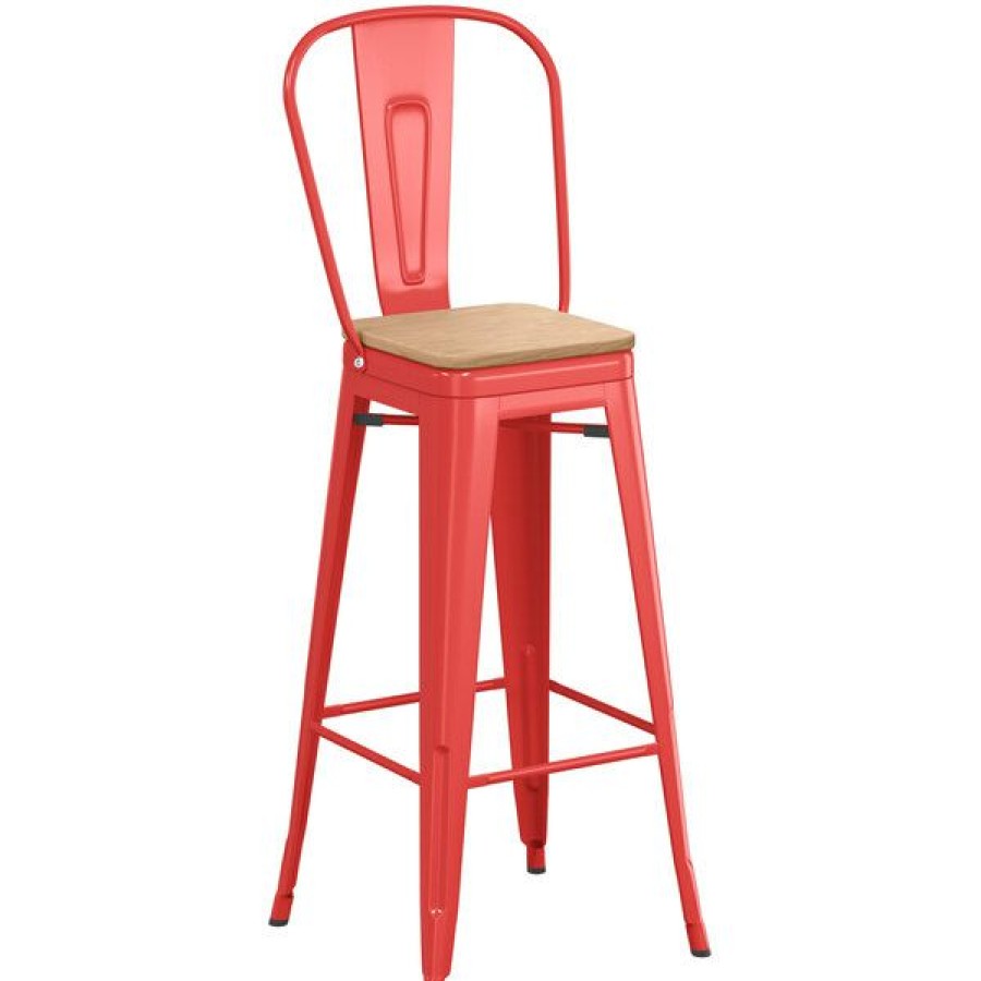 Restaurant Bar Stools * | Cheap Lt&S Alloy Series Lancaster Table & Seating Alloy Series Red Metal Indoor Industrial Cafe Bar Height Stool With Vertical Slat Back And Natural Wood Seat