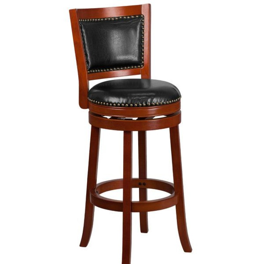 Restaurant Bar Stools * | Cheapest Flash Furniture Ta-355530-Lc-Gg Light Cherry Wood Bar Height Panel Back Stool With Black Leather Swivel Seat