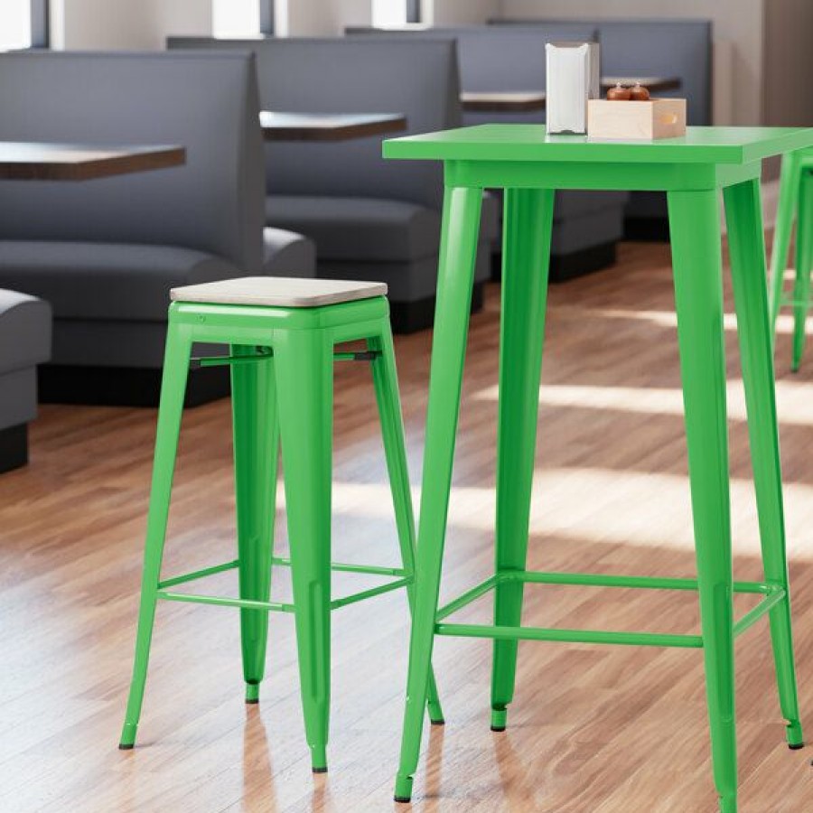 Restaurant Bar Stools * | Flash Sale Lt&S Alloy Series Lancaster Table & Seating Alloy Series Green Stackable Metal Indoor Industrial Barstool With Gray Wood Seat