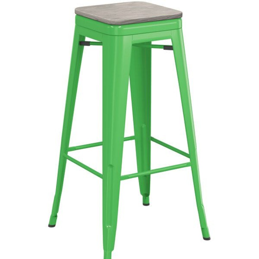 Restaurant Bar Stools * | Flash Sale Lt&S Alloy Series Lancaster Table & Seating Alloy Series Green Stackable Metal Indoor Industrial Barstool With Gray Wood Seat