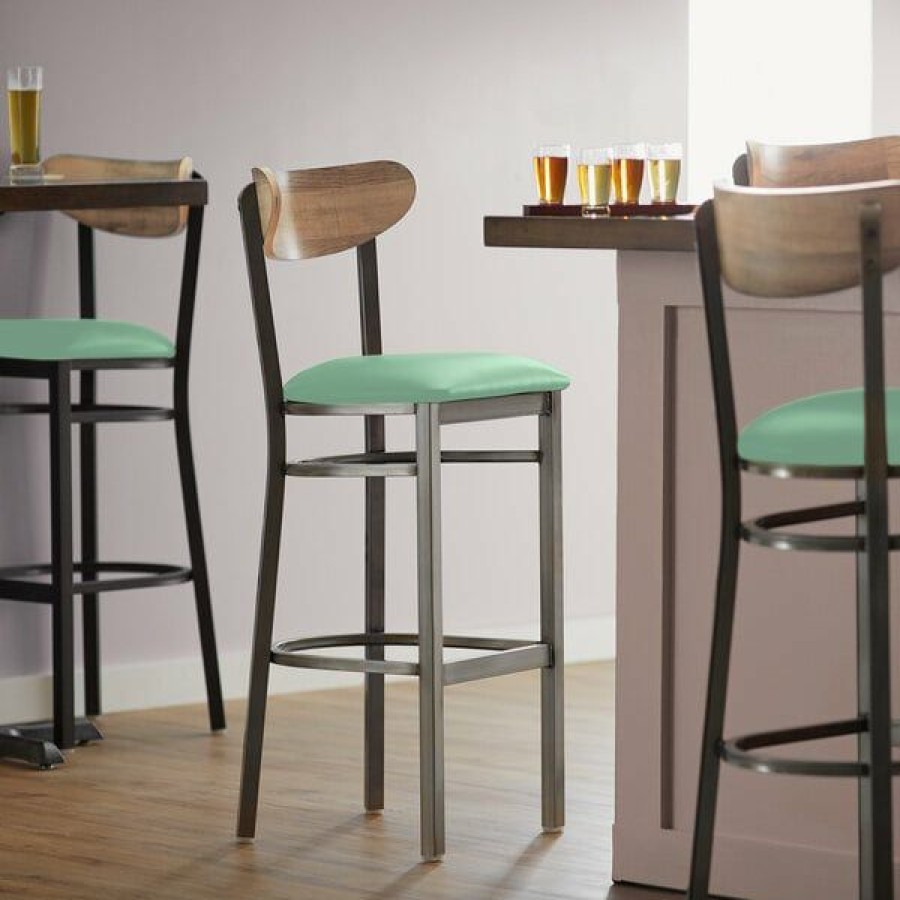 Restaurant Bar Stools * | Budget Lt&S Boomerang Series Lancaster Table & Seating Boomerang Bar Height Clear Coat Chair With Seafoam Vinyl Seat And Driftwood Back