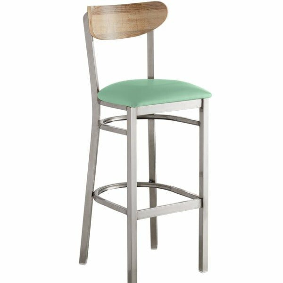 Restaurant Bar Stools * | Budget Lt&S Boomerang Series Lancaster Table & Seating Boomerang Bar Height Clear Coat Chair With Seafoam Vinyl Seat And Driftwood Back