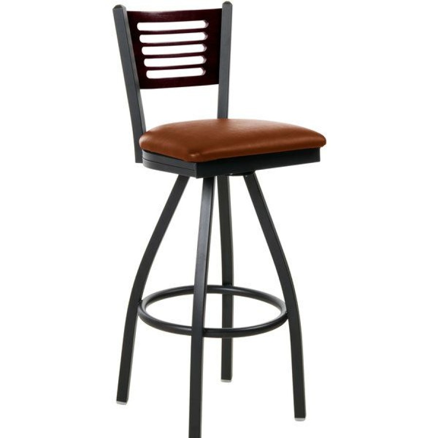 Restaurant Bar Stools * | Discount Bfm Seating 2151Slbv-Mhsb Espy Sand Black Metal Bar Height Chair With Mahogany Wooden Back And 2 Light Brown Vinyl Swivel Seat