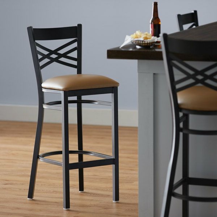 Restaurant Bar Stools * | Coupon Lancaster Table & Seating Cross Back Bar Height Black Chair With Light Brown Vinyl Seat