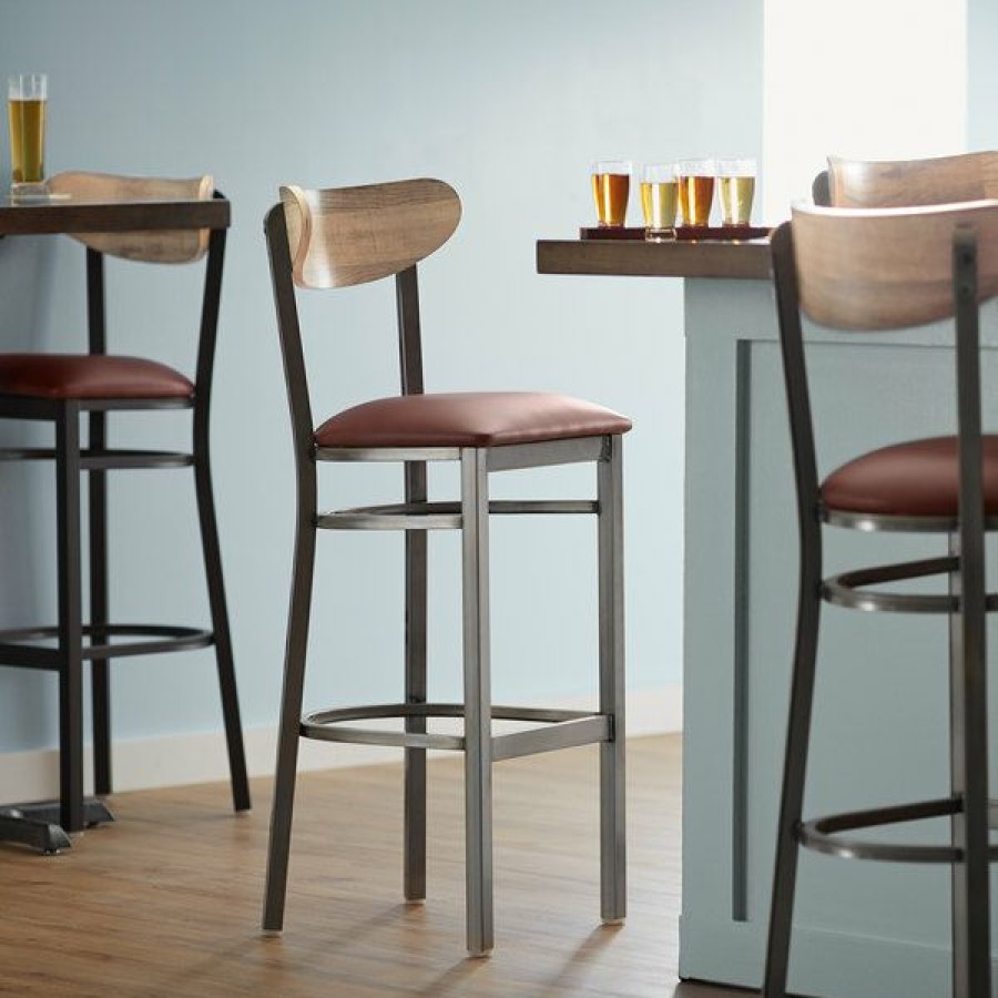 Restaurant Bar Stools * | Deals Lt&S Boomerang Series Lancaster Table & Seating Boomerang Bar Height Clear Coat Chair With Burgundy Vinyl Seat And Driftwood Back