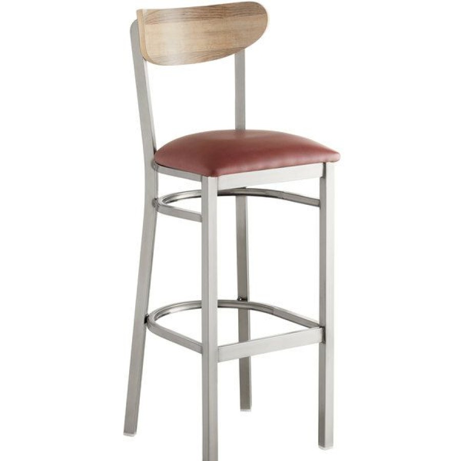 Restaurant Bar Stools * | Deals Lt&S Boomerang Series Lancaster Table & Seating Boomerang Bar Height Clear Coat Chair With Burgundy Vinyl Seat And Driftwood Back