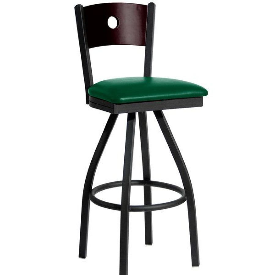 Restaurant Bar Stools * | Deals Bfm Seating 2152Sgnv-Mhsb Darby Sand Black Metal Bar Height Chair With Mahogany Wooden Back And 2 Green Vinyl Swivel Seat