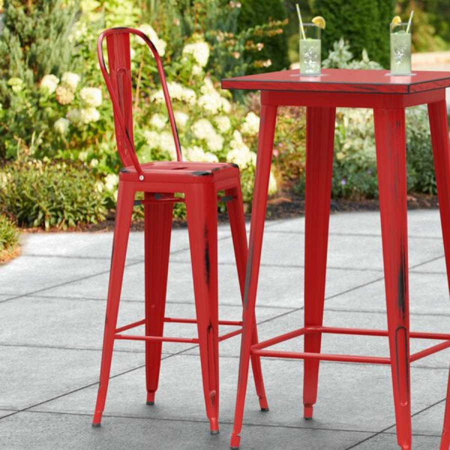 Outdoor Restaurant Bar Stools * | Budget Lt&S Alloy Series Lancaster Table & Seating Alloy Series Distressed Red Metal Indoor / Outdoor Industrial Cafe Barstool With Vertical Slat Back And Drain Hole Seat