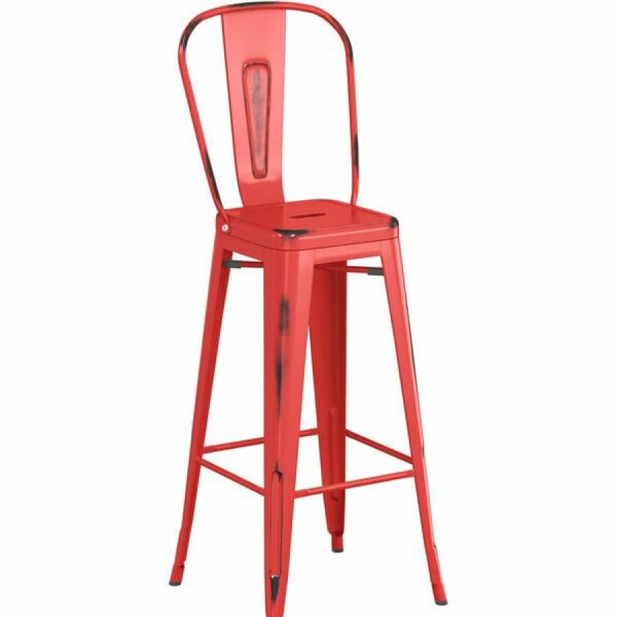 Outdoor Restaurant Bar Stools * | Budget Lt&S Alloy Series Lancaster Table & Seating Alloy Series Distressed Red Metal Indoor / Outdoor Industrial Cafe Barstool With Vertical Slat Back And Drain Hole Seat