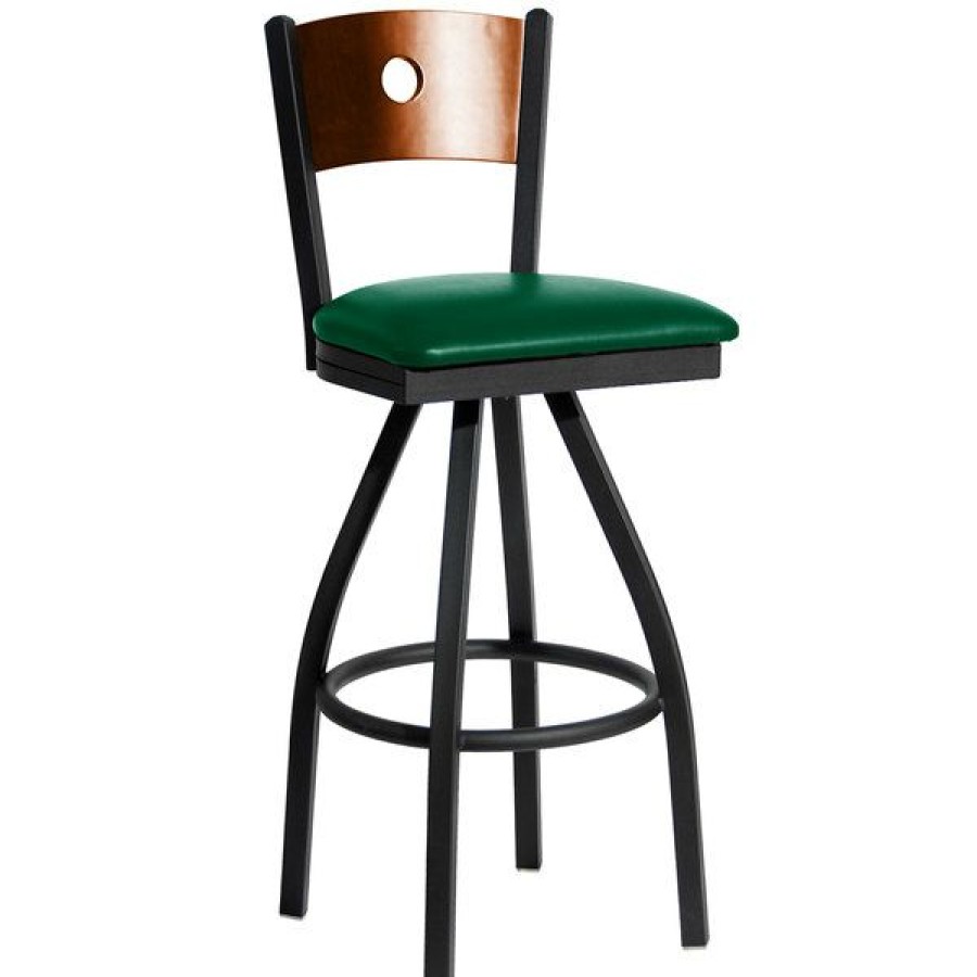 Restaurant Bar Stools * | Budget Bfm Seating 2152Sgnv-Chsb Darby Sand Black Metal Bar Height Chair With Cherry Wooden Back And 2 Green Vinyl Swivel Seat