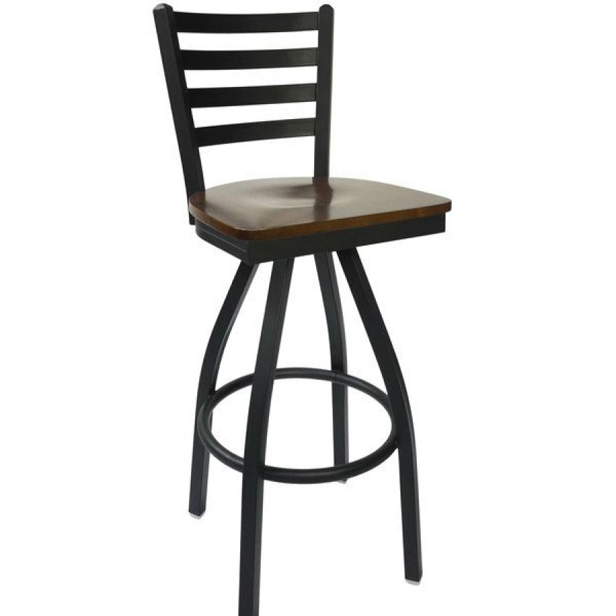 Restaurant Bar Stools * | Best Deal Bfm Seating 2160Swaw-Sb Lima Sand Black Steel Bar Height Chair With Walnut Wood Swivel Seat