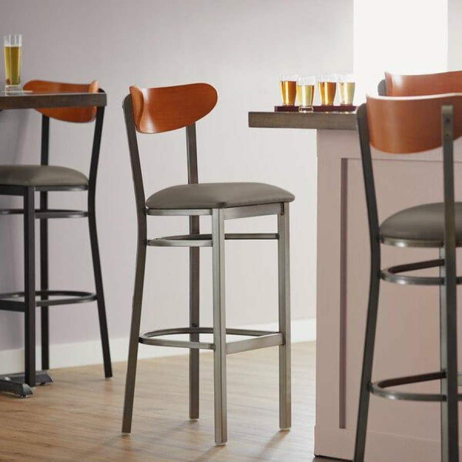 Restaurant Bar Stools * | Brand New Lt&S Boomerang Series Lancaster Table & Seating Boomerang Bar Height Clear Coat Chair With Taupe Vinyl Seat And Cherry Back