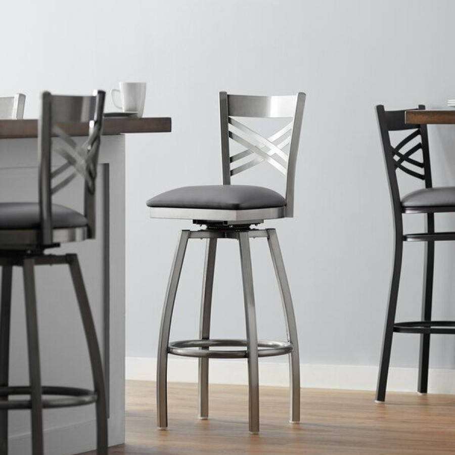 Restaurant Bar Stools * | Coupon Lancaster Table & Seating Clear Coat Cross Back Swivel Bar Height Chair With Dark Gray Padded Seat