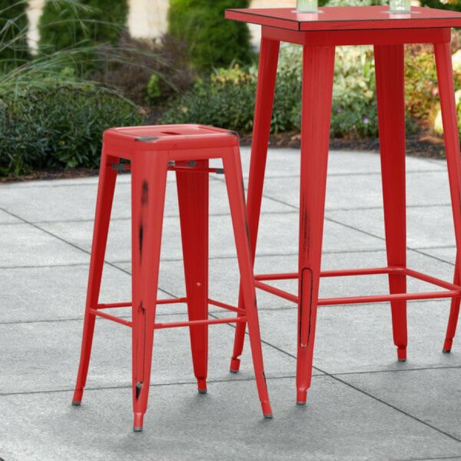 Outdoor Restaurant Bar Stools * | Hot Sale Lt&S Alloy Series Lancaster Table & Seating Alloy Series Distressed Red Stackable Metal Indoor / Outdoor Industrial Barstool With Drain Hole Seat