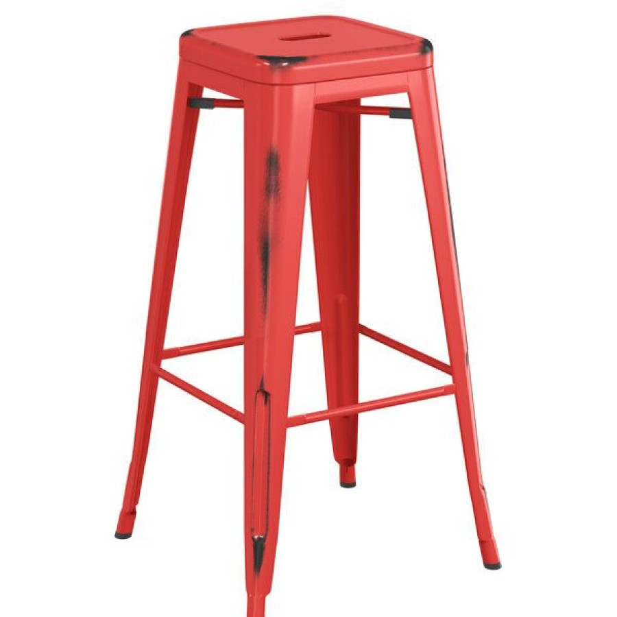 Outdoor Restaurant Bar Stools * | Hot Sale Lt&S Alloy Series Lancaster Table & Seating Alloy Series Distressed Red Stackable Metal Indoor / Outdoor Industrial Barstool With Drain Hole Seat