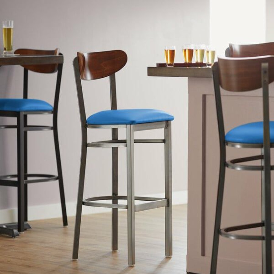 Restaurant Bar Stools * | Brand New Lt&S Boomerang Series Lancaster Table & Seating Boomerang Bar Height Clear Coat Chair With Blue Vinyl Seat And Antique Walnut Back