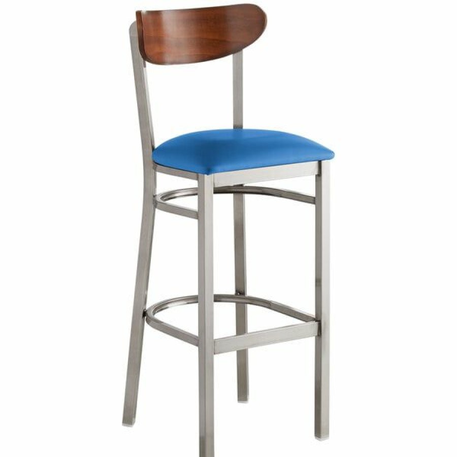 Restaurant Bar Stools * | Brand New Lt&S Boomerang Series Lancaster Table & Seating Boomerang Bar Height Clear Coat Chair With Blue Vinyl Seat And Antique Walnut Back