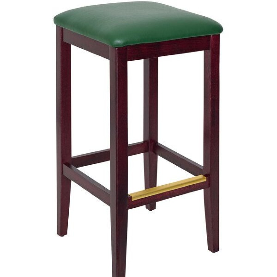 Restaurant Bar Stools * | Coupon Bfm Seating Stockton Dark Mahogany Beechwood Square Backless Barstool With 2 Green Vinyl Seat