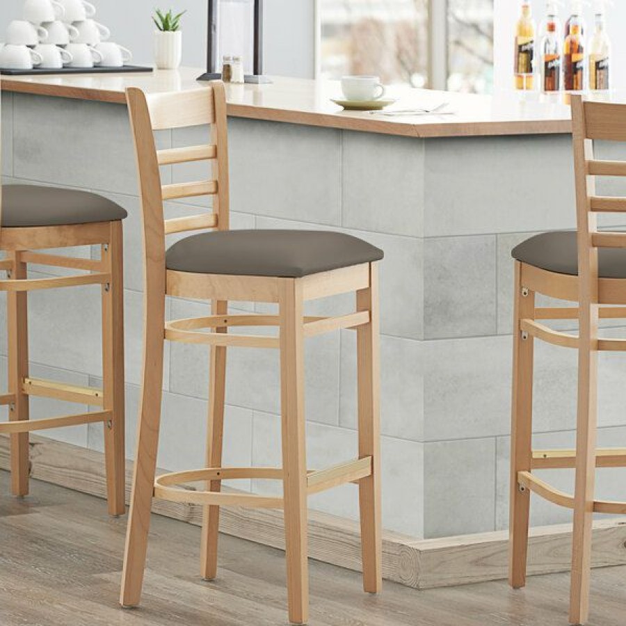 Restaurant Bar Stools * | Best Pirce Lancaster Table & Seating Natural Finish Wooden Ladder Back Bar Height Chair With Taupe Padded Seat