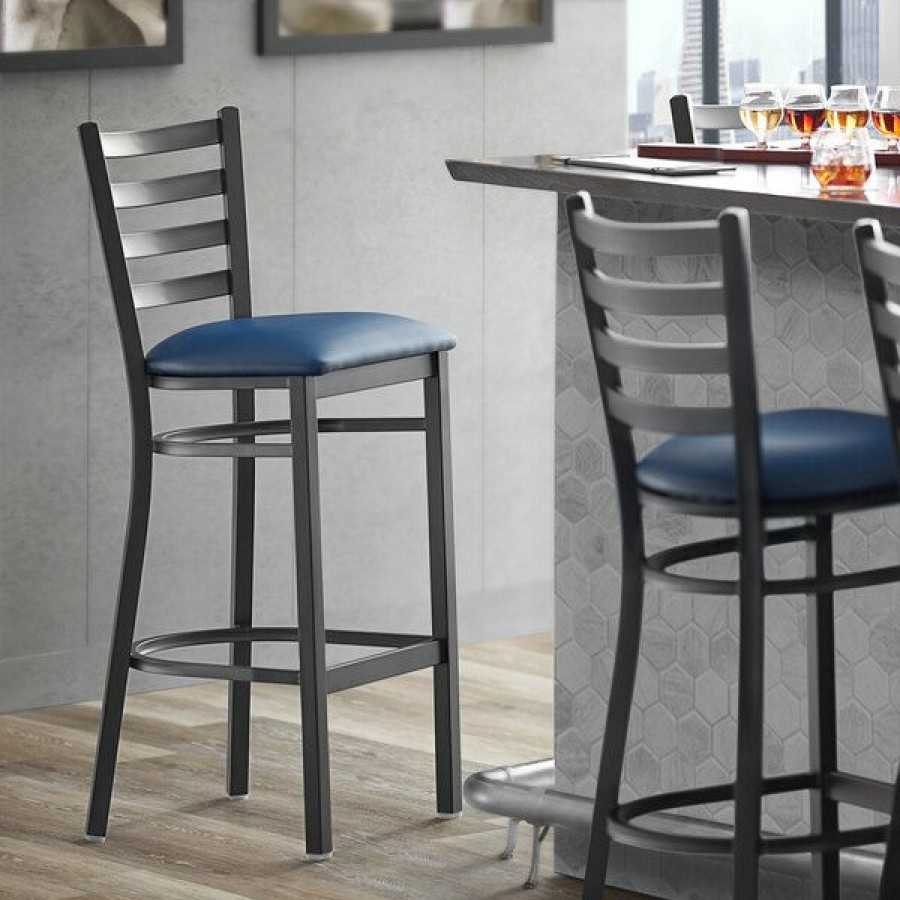 Restaurant Bar Stools * | Flash Sale Lancaster Table & Seating Black Frame Ladder Back Bar Height Chair With Navy Blue Padded Seat