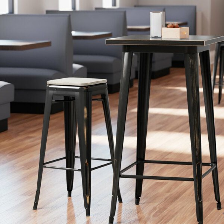 Restaurant Bar Stools * | New Lt&S Alloy Series Lancaster Table & Seating Alloy Series Distressed Copper Stackable Metal Indoor Industrial Barstool With Gray Wood Seat