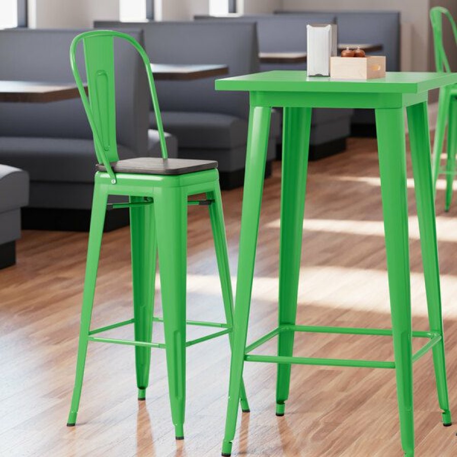 Restaurant Bar Stools * | Brand New Lt&S Alloy Series Lancaster Table & Seating Alloy Series Green Metal Indoor Industrial Cafe Bar Height Stool With Vertical Slat Back And Black Wood Seat