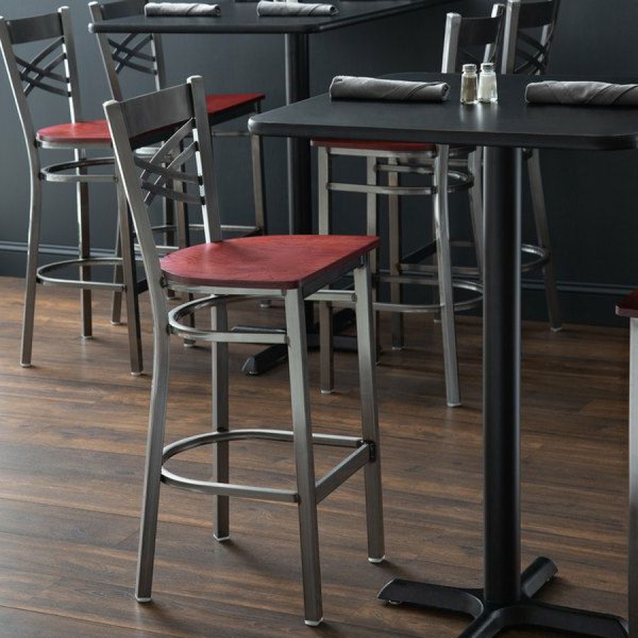 Restaurant Bar Stools * | Budget Lancaster Table & Seating Cross Back Clear Coat Steel Bar Height Chair With Mahogany Seat