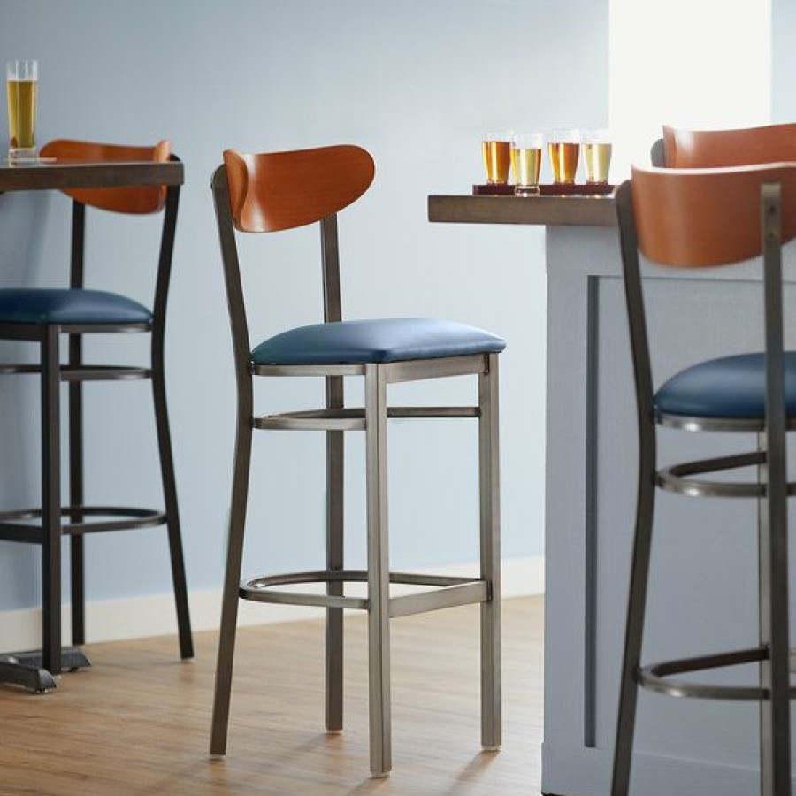 Restaurant Bar Stools * | New Lt&S Boomerang Series Lancaster Table & Seating Boomerang Bar Height Clear Coat Chair With Navy Vinyl Seat And Cherry Back