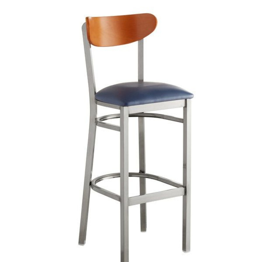 Restaurant Bar Stools * | New Lt&S Boomerang Series Lancaster Table & Seating Boomerang Bar Height Clear Coat Chair With Navy Vinyl Seat And Cherry Back