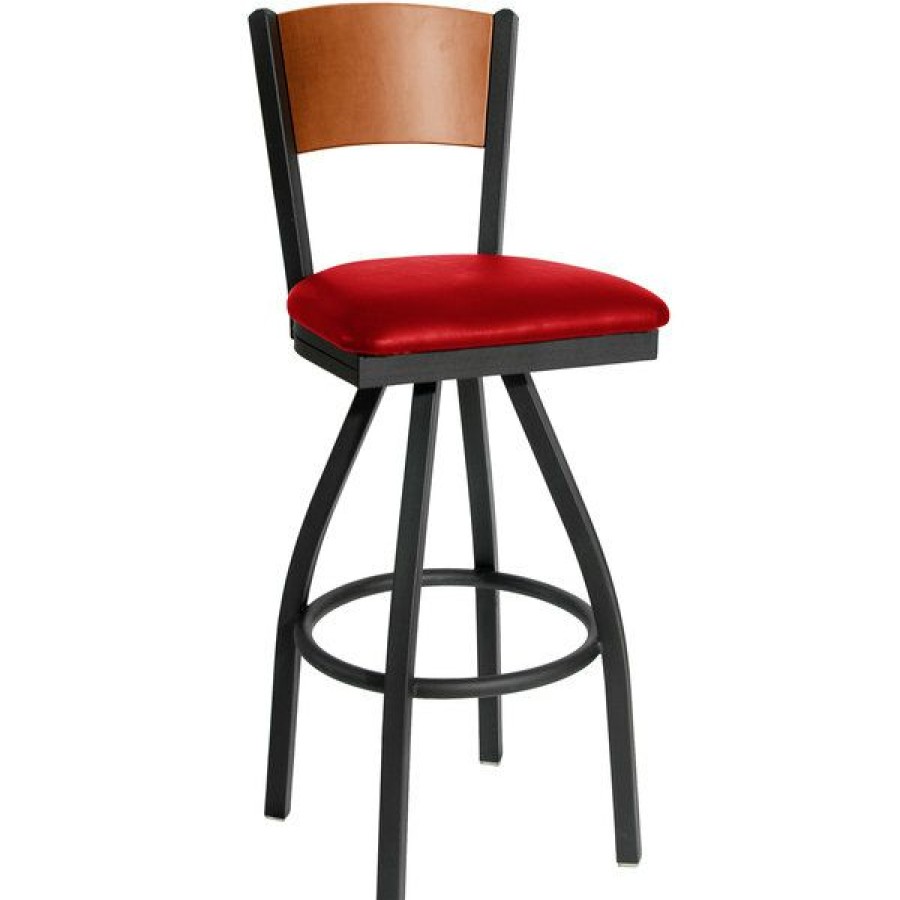 Restaurant Bar Stools * | Outlet Bfm Seating 2150Srdv-Chsb Dale Sand Black Metal Swivel Bar Height Chair With Cherry Finish Wooden Back And 2 Red Vinyl Seat