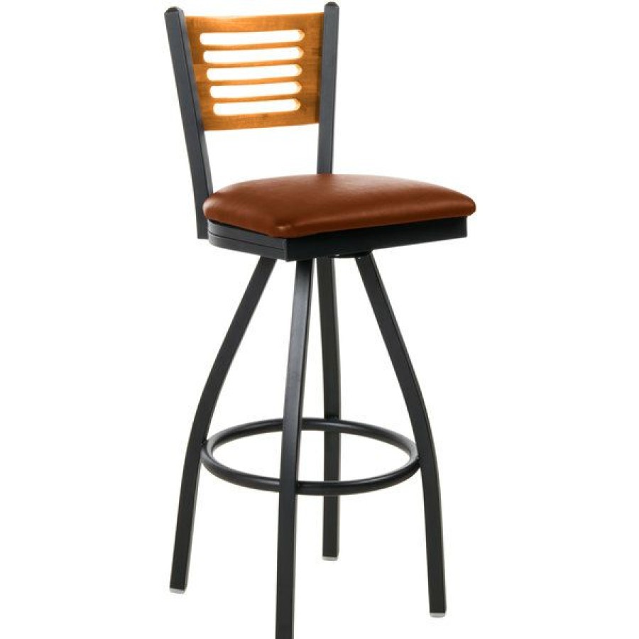 Restaurant Bar Stools * | Best Pirce Bfm Seating 2151Slbv-Ntsb Espy Sand Black Metal Bar Height Chair With Natural Wooden Back And 2 Light Brown Vinyl Swivel Seat