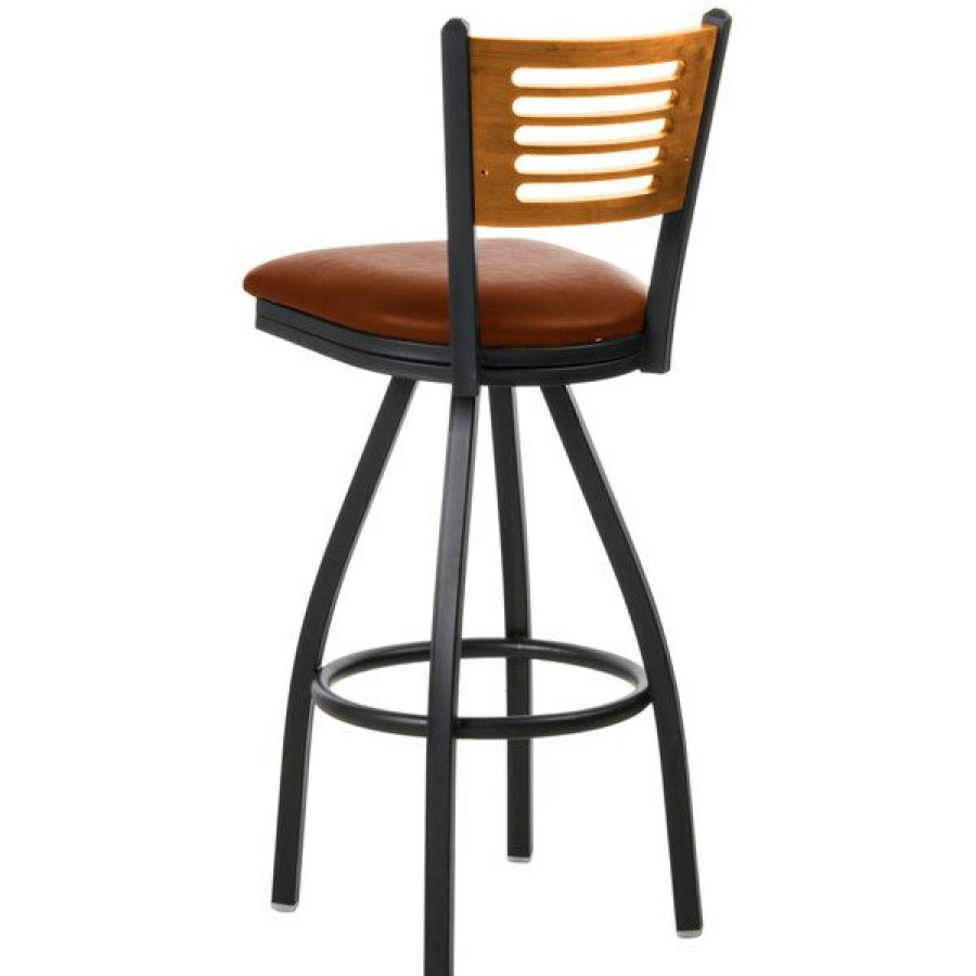 Restaurant Bar Stools * | Best Pirce Bfm Seating 2151Slbv-Ntsb Espy Sand Black Metal Bar Height Chair With Natural Wooden Back And 2 Light Brown Vinyl Swivel Seat