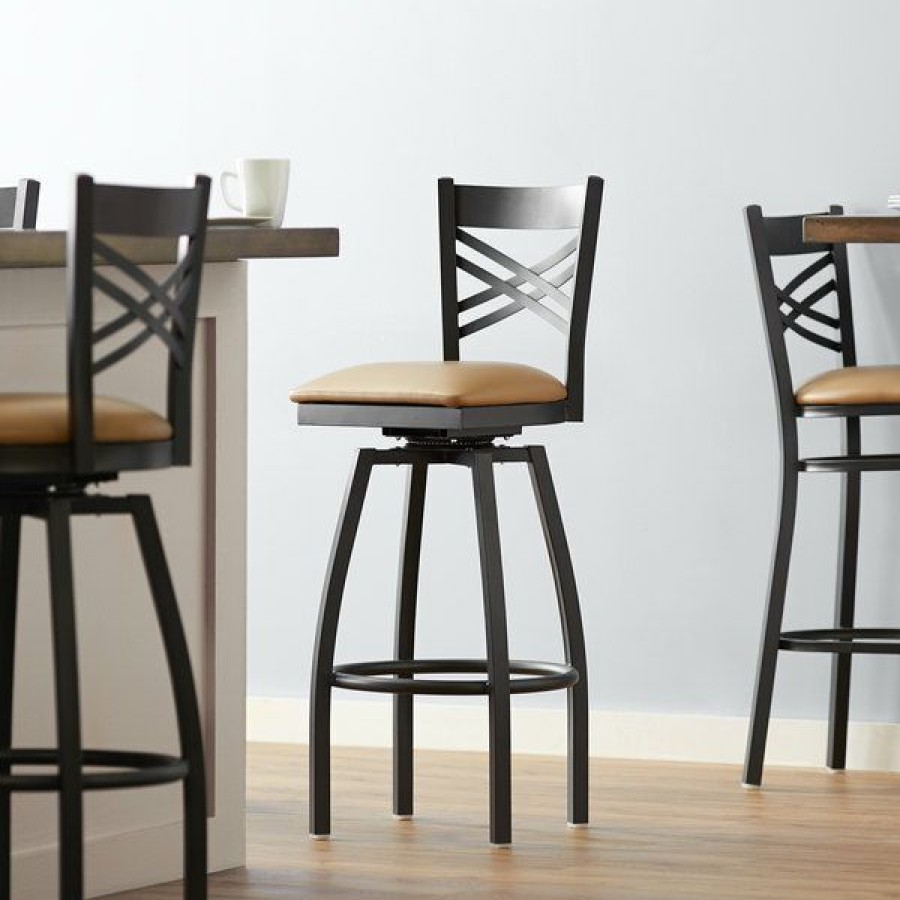 Restaurant Bar Stools * | New Lancaster Table & Seating Cross Back Bar Height Black Swivel Chair With Light Brown Vinyl Seat