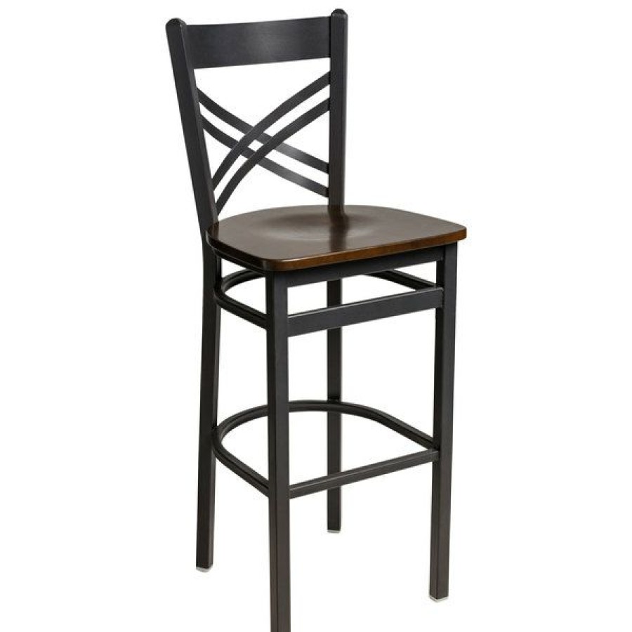 Restaurant Bar Stools * | Hot Sale Bfm Seating 2130Bwaw-Sb Akrin Sand Black Steel Bar Height Chair With Cross Steel Back And Walnut Wooden Seat