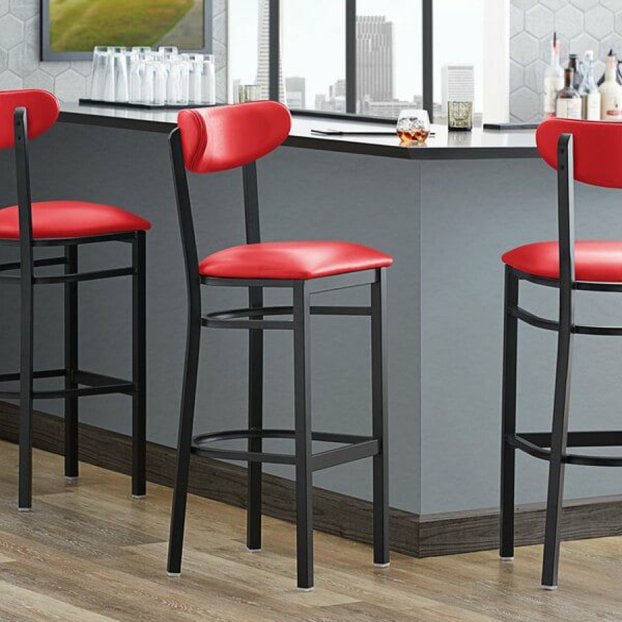 Restaurant Bar Stools * | Hot Sale Lt&S Boomerang Series Lancaster Table & Seating Boomerang Bar Height Black Coat Chair With Red Vinyl Seat And Back