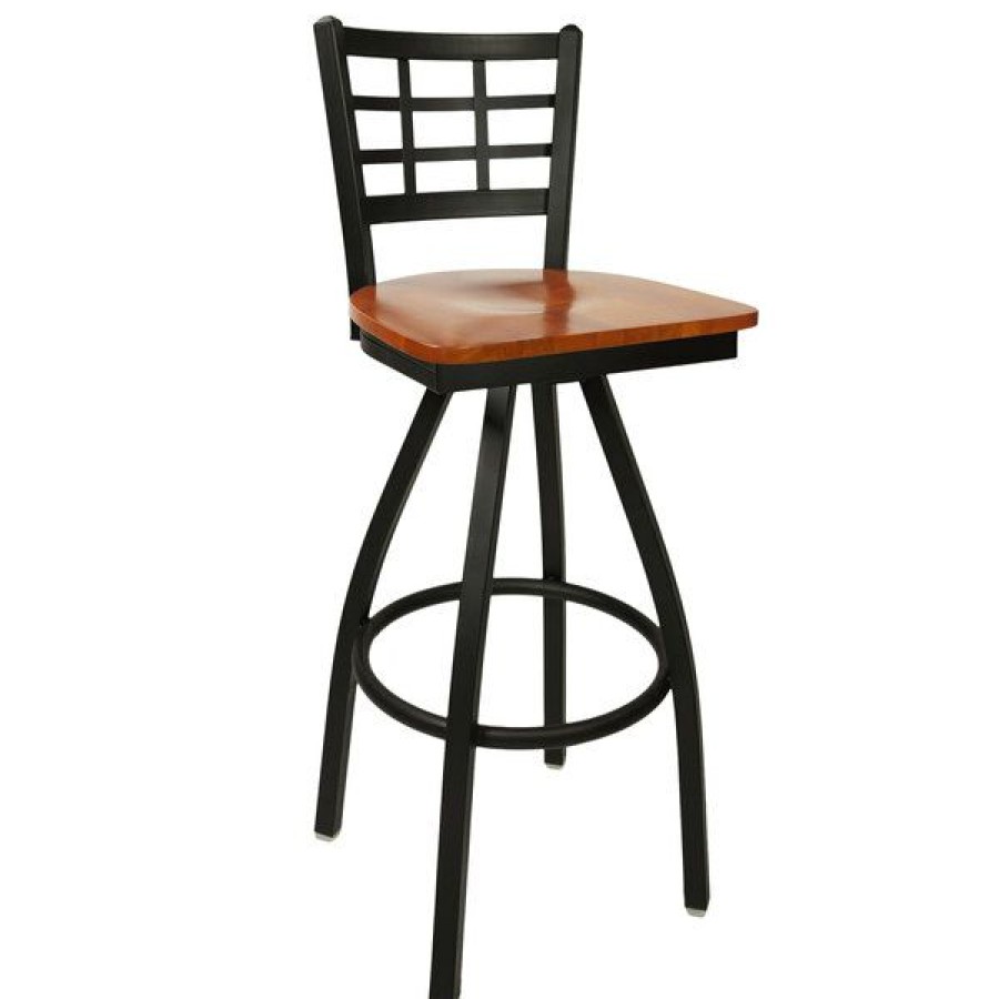 Restaurant Bar Stools * | Hot Sale Bfm Seating 2163Schw-Sb Marietta Sand Black Metal Swivel Bar Height Chair With Cherry Wood Seat