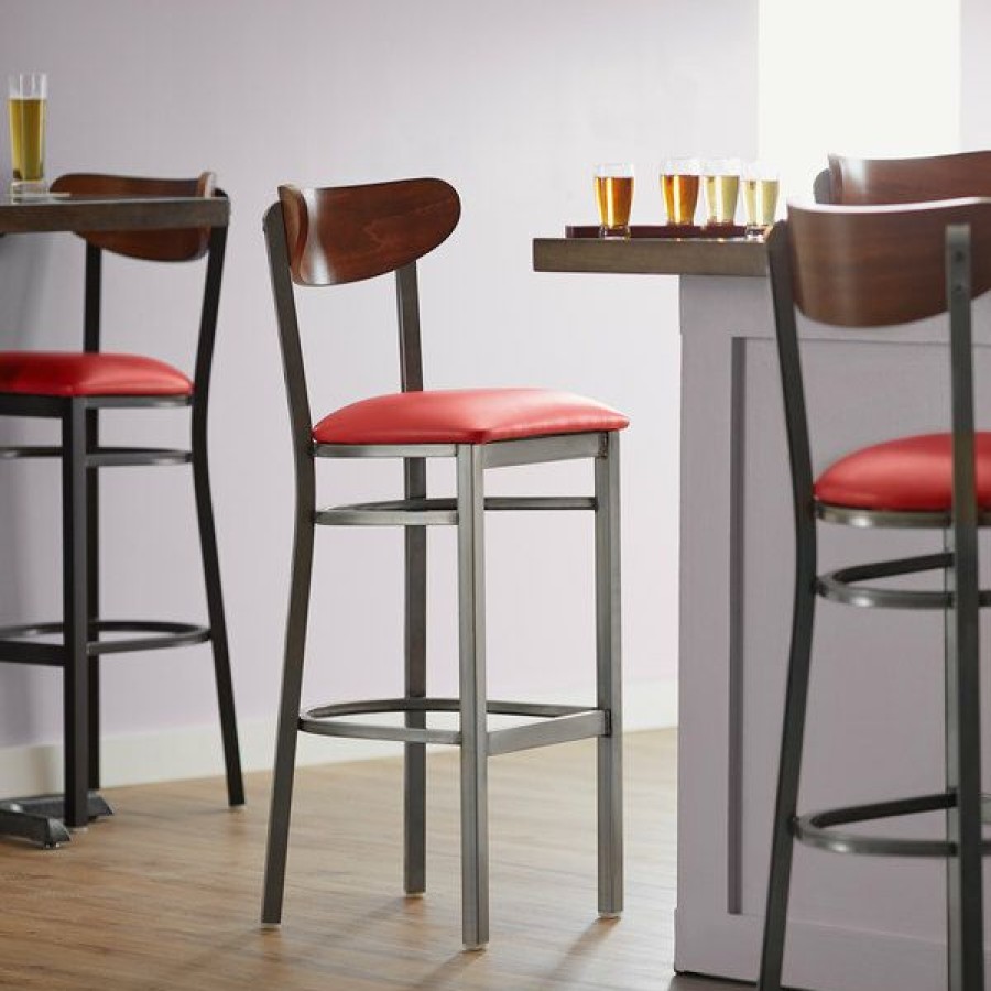 Restaurant Bar Stools * | Budget Lt&S Boomerang Series Lancaster Table & Seating Boomerang Bar Height Clear Coat Chair With Red Vinyl Seat And Antique Walnut Back