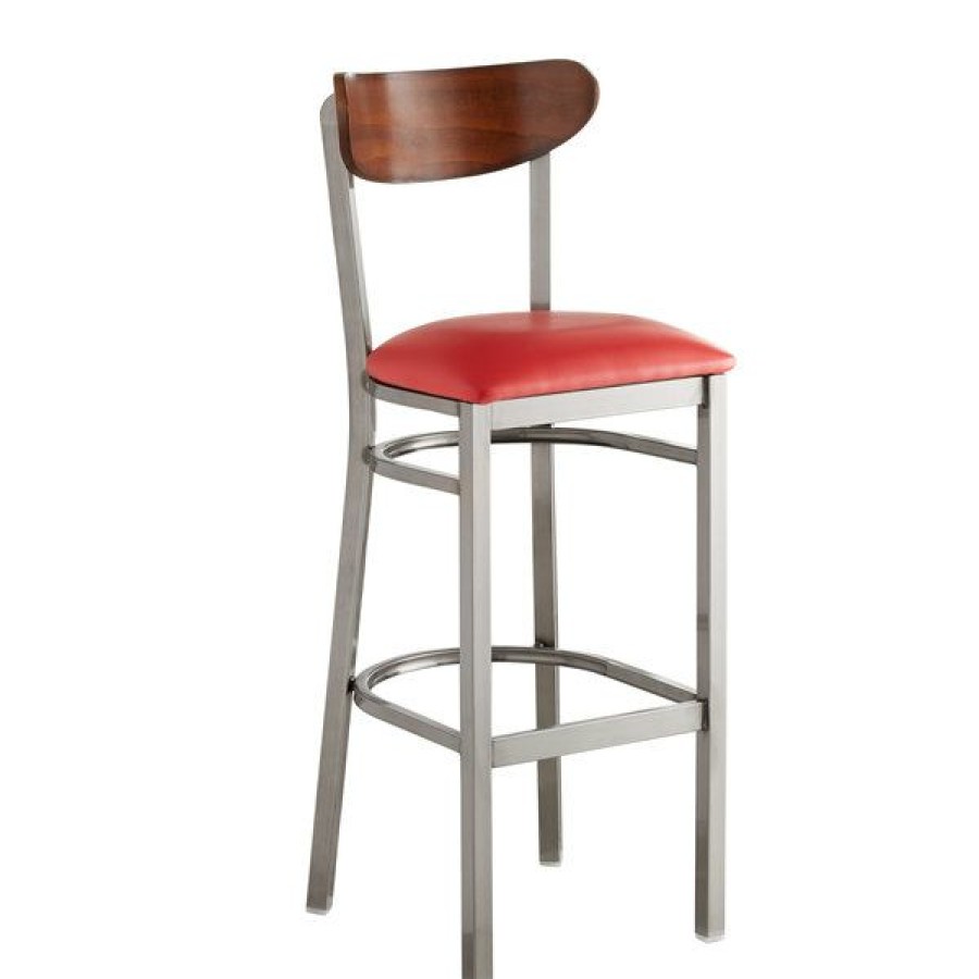 Restaurant Bar Stools * | Budget Lt&S Boomerang Series Lancaster Table & Seating Boomerang Bar Height Clear Coat Chair With Red Vinyl Seat And Antique Walnut Back