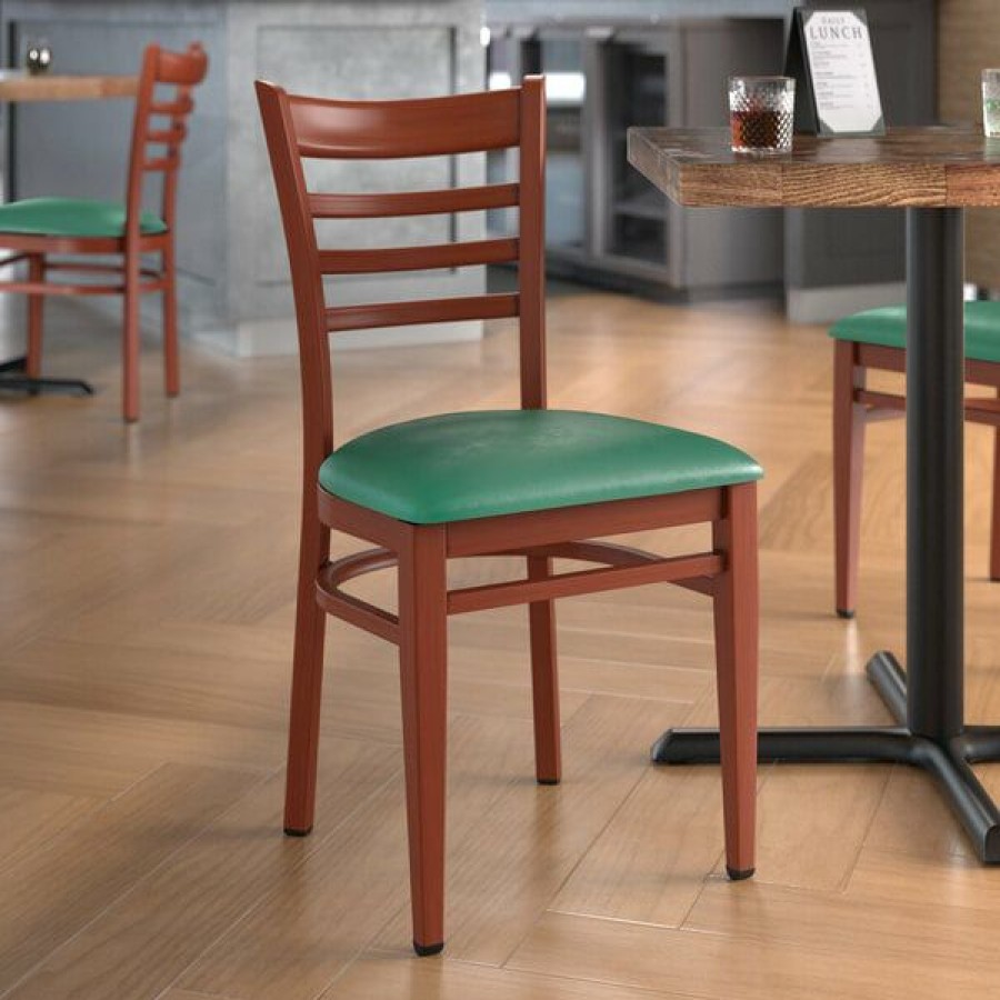 Restaurant Chairs * | Wholesale Lt&S Spartan Series Lancaster Table & Seating Spartan Series Metal Ladder Back Chair With Mahogany Wood Grain Finish And Green Vinyl Seat