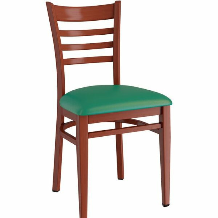 Restaurant Chairs * | Wholesale Lt&S Spartan Series Lancaster Table & Seating Spartan Series Metal Ladder Back Chair With Mahogany Wood Grain Finish And Green Vinyl Seat