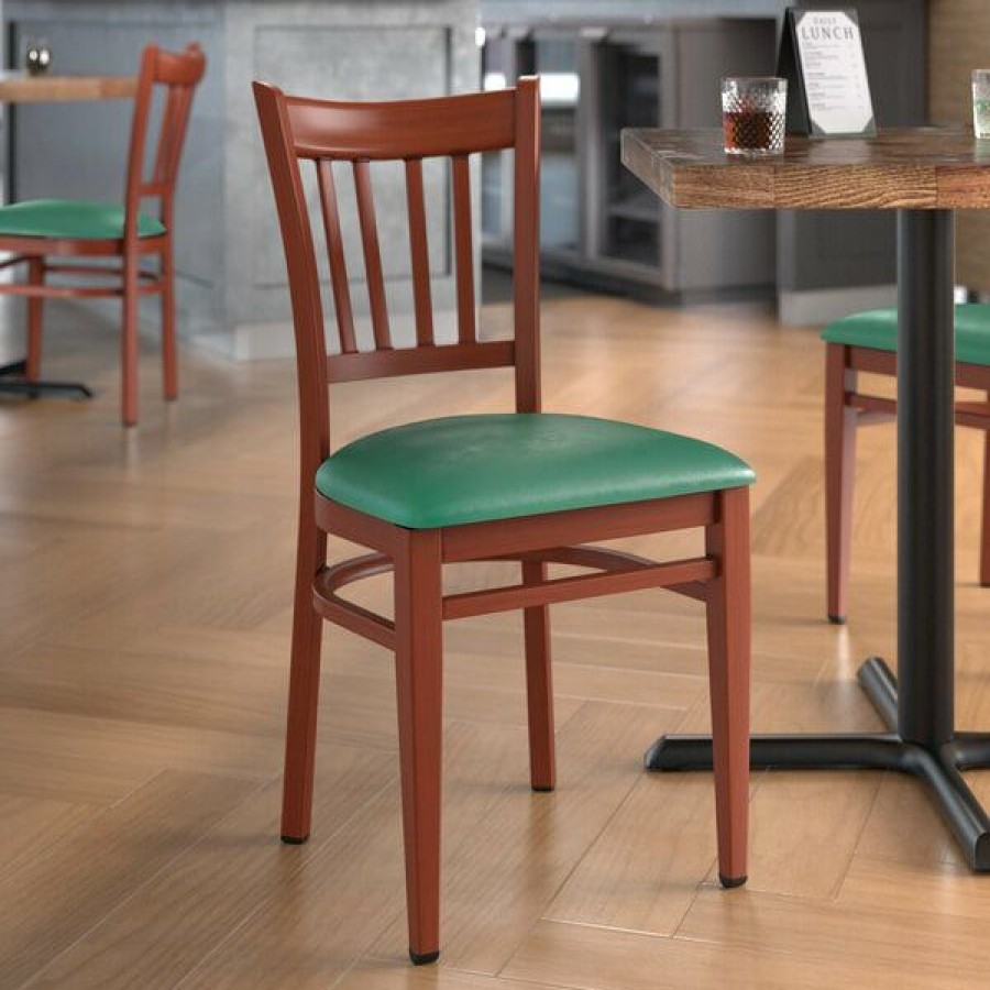 Restaurant Chairs * | Wholesale Lt&S Spartan Series Lancaster Table & Seating Spartan Series Metal Slat Back Chair With Mahogany Wood Grain Finish And Green Vinyl Seat