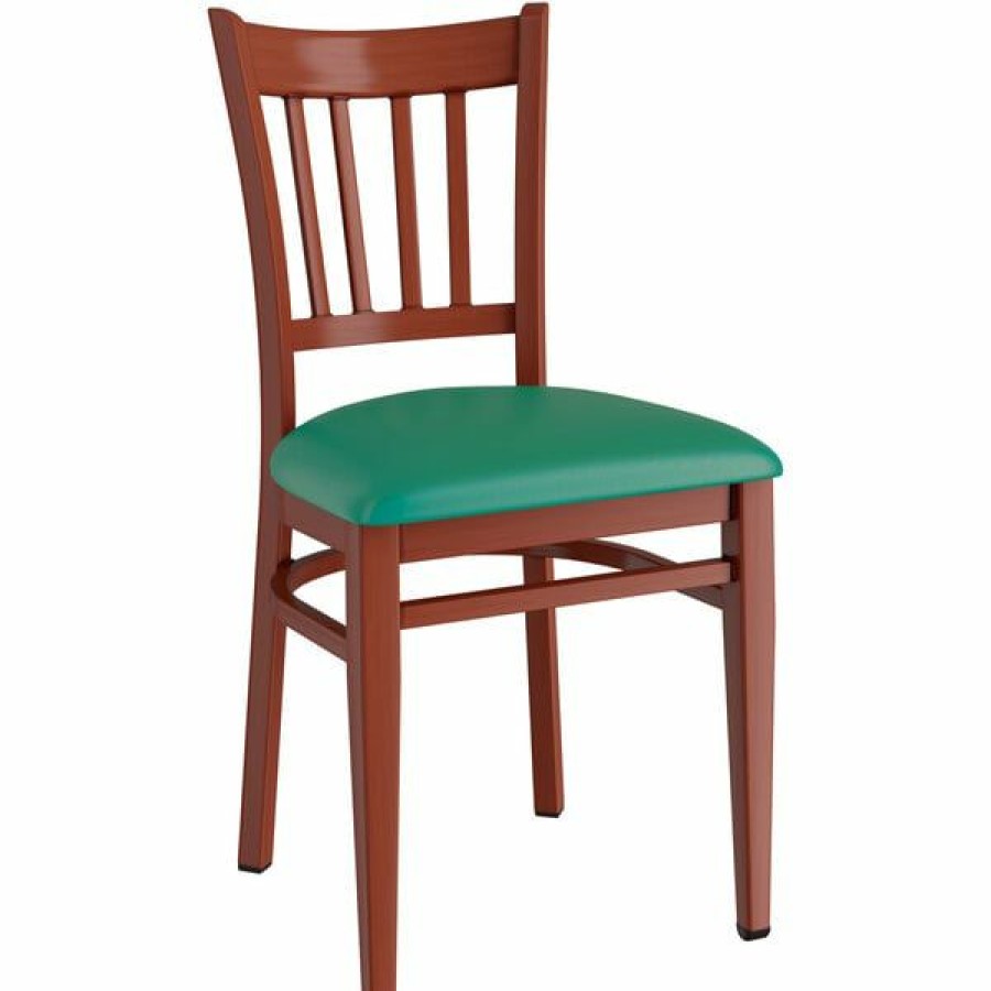 Restaurant Chairs * | Wholesale Lt&S Spartan Series Lancaster Table & Seating Spartan Series Metal Slat Back Chair With Mahogany Wood Grain Finish And Green Vinyl Seat