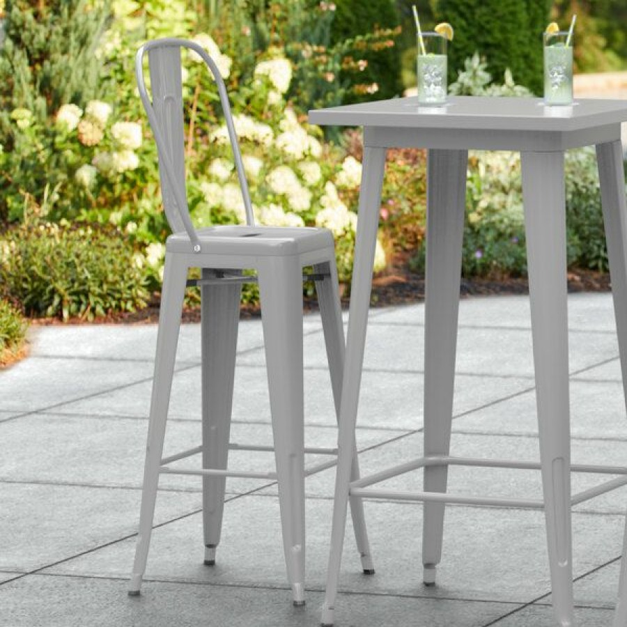 Outdoor Restaurant Bar Stools * | Best Reviews Of Lt&S Alloy Series Lancaster Table & Seating Alloy Series Silver Metal Indoor / Outdoor Industrial Cafe Barstool With Vertical Slat Back And Drain Hole Seat